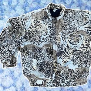 Vintage 80s Silk Bomber Jacket Large 100% Silk Tiger Cheetah Print Puffer Jacket